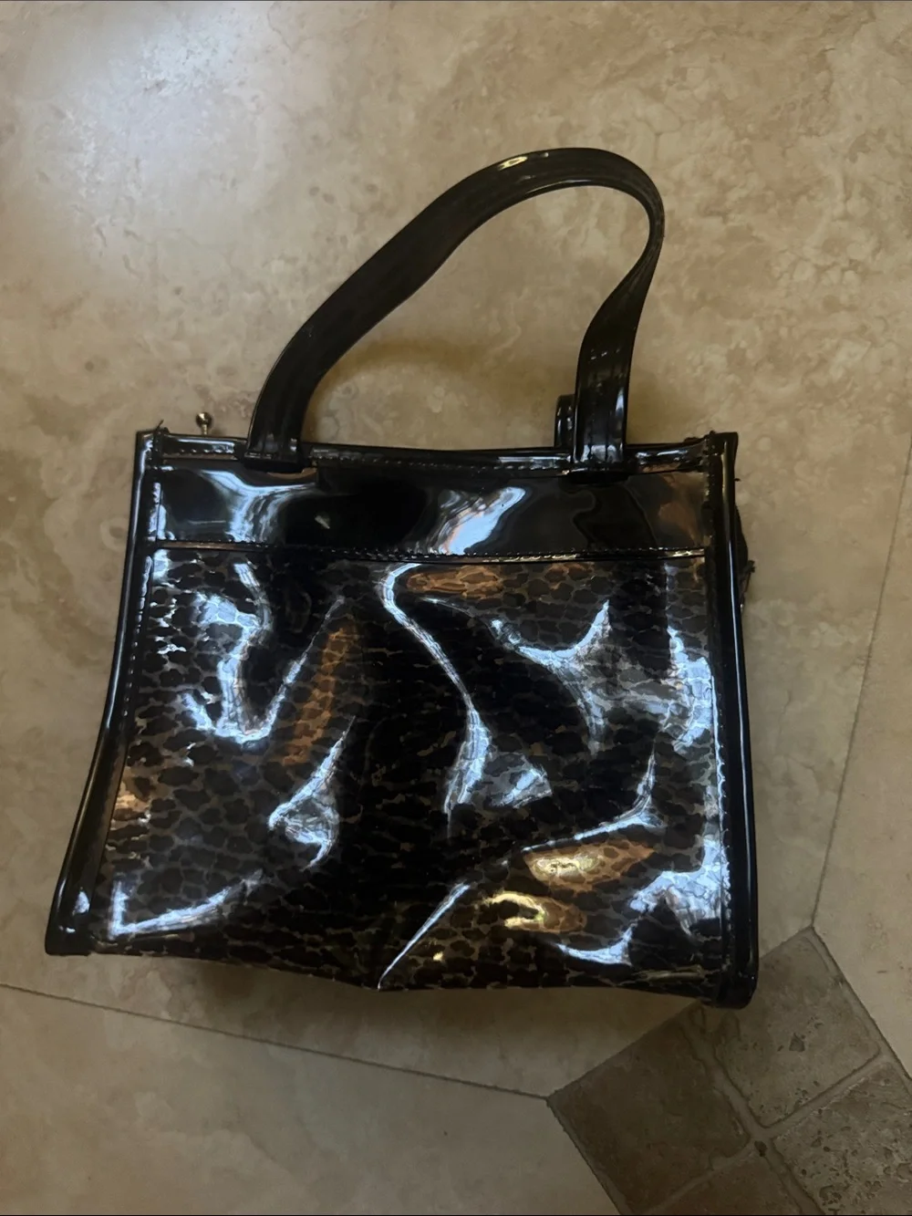Patent mini Black Satchel with Brown Leopard Print Panel